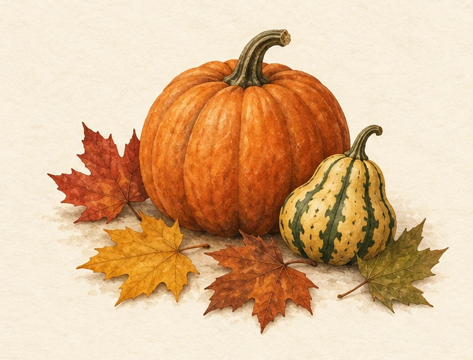 Illustrated pumpkin, striped gourd and fallen maple leaves