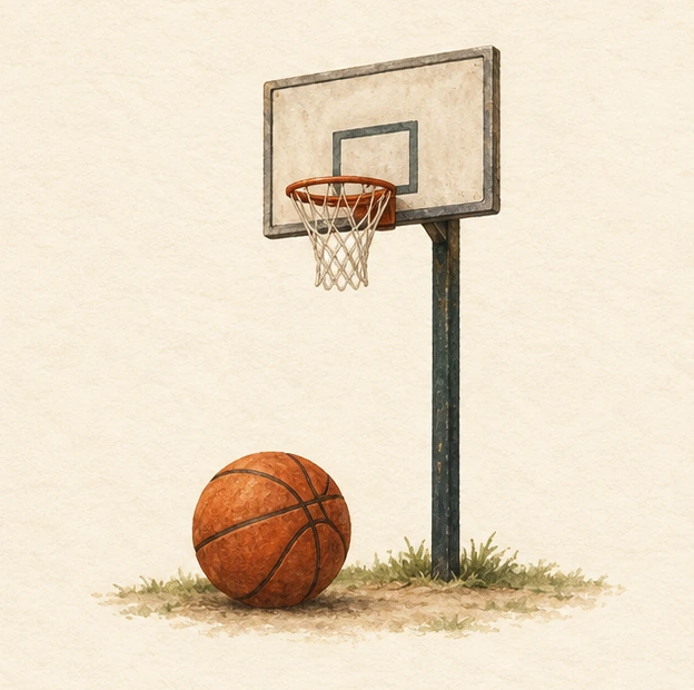 Illustrated basketball on grass beside an outdoor hoop