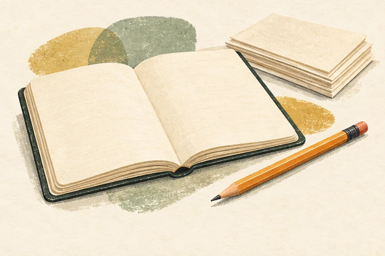 Illustrated notebook, pencil and papers