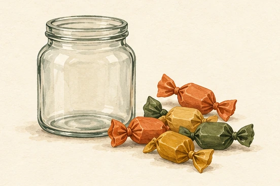 Illustrated glass collection jar beside wrapped sweets