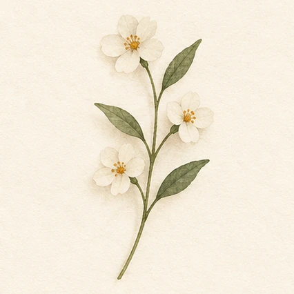 Illustrated single slender sprig with small white flowers
