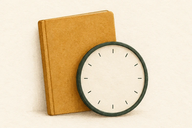 Illustrated wall clock with a blank dial beside a closed notebook