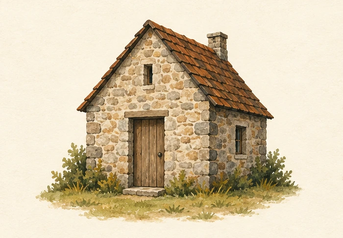 Illustrated small stone building with a tiled roof