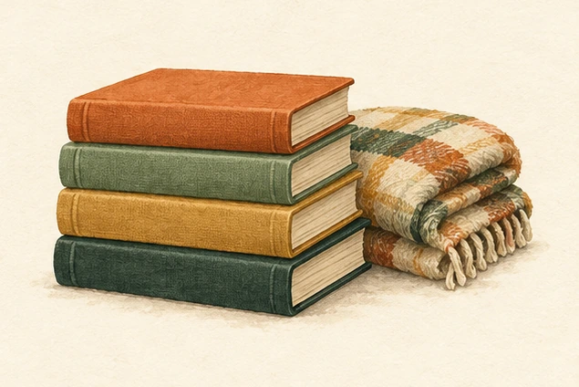 Illustrated stack of blank hardcover books beside a folded blanket